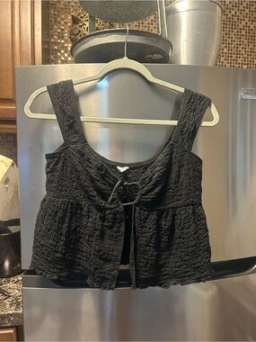 Garage Black Textured Tie-Front Peplum Crop Top
